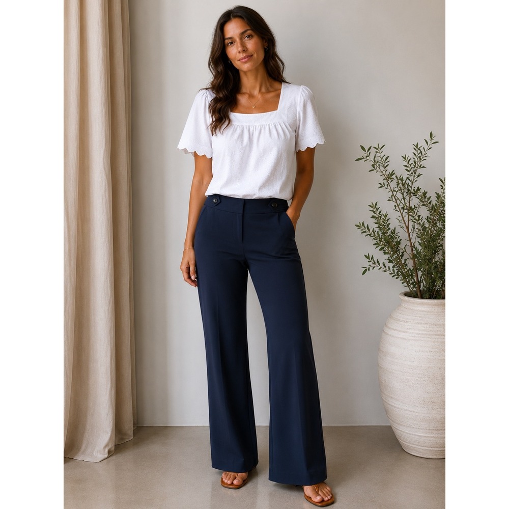 Loft Outlet Navy Blue Straight Leg Dress Pants Petite 4P Decorative Button Waist